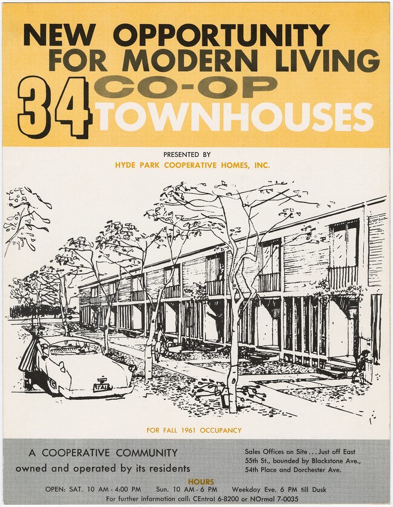 Cover of sales brochure for Hyde Park CO-OP Housing by IM Pei and Harry Weese & Associates- exterior sketch with descriptive text - Unknown
