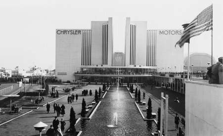Chrysler Motors Building, front view, flag in top right corner - Unknown