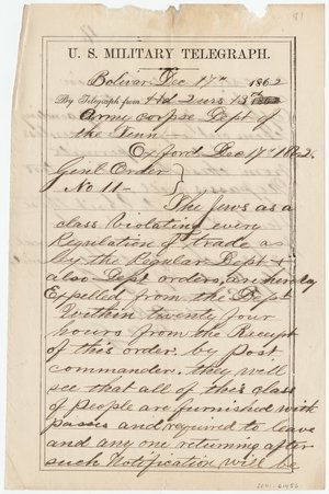 Telegraph regarding General Order Number 11 - Rawlins, John Aaron