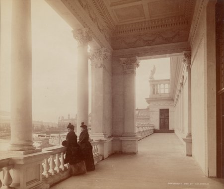 The loggia of the Woman's Building with two women leaning on balustrade, World's Columbian Expsotion - C. D. Arnold