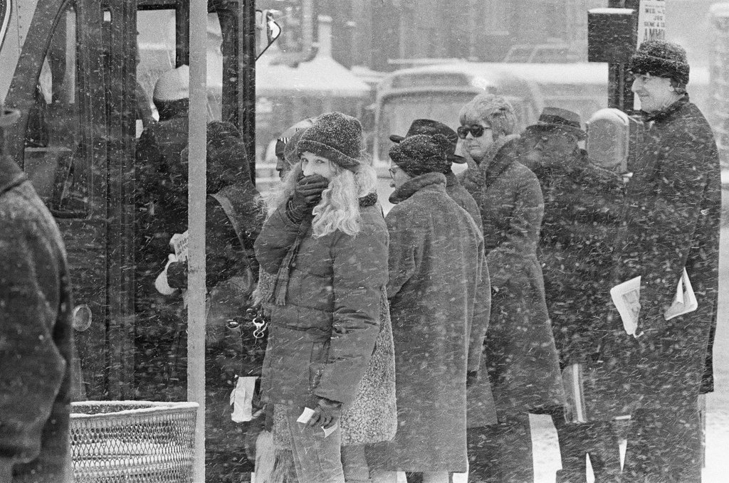 Commuters wait in the snow for late buses - Peters (Clarence or Pete) for Chicago Sun-Times