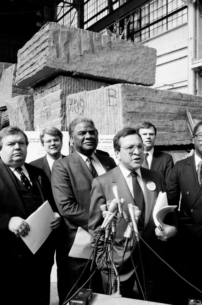 Mayor Harold Washington speaks at a construction site with Ernest Morial - Chicago Sun-Times