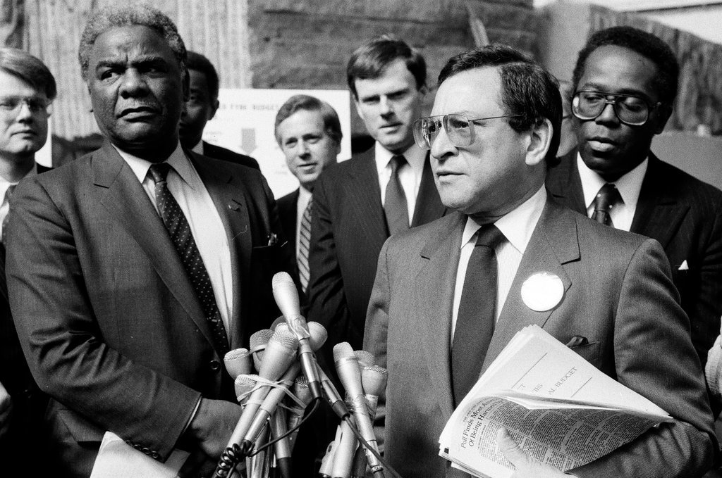Mayor Harold Washington speaks at a construction site with Ernest Morial - Chicago Sun-Times
