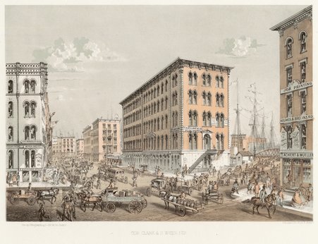 Jevne and Almini Lithograph: Corner of Clark and Water Streets - Jevne & Almini