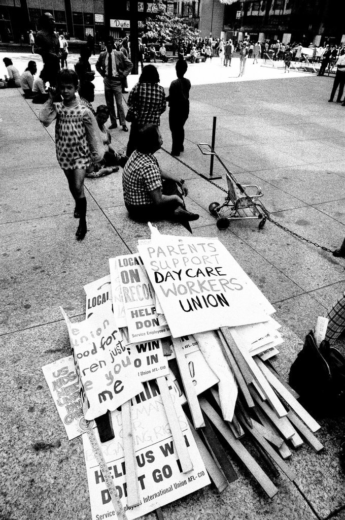 Day care workers and parents gather at the Civic Center Plaza in support of the local day care union - Chicago Sun-Times