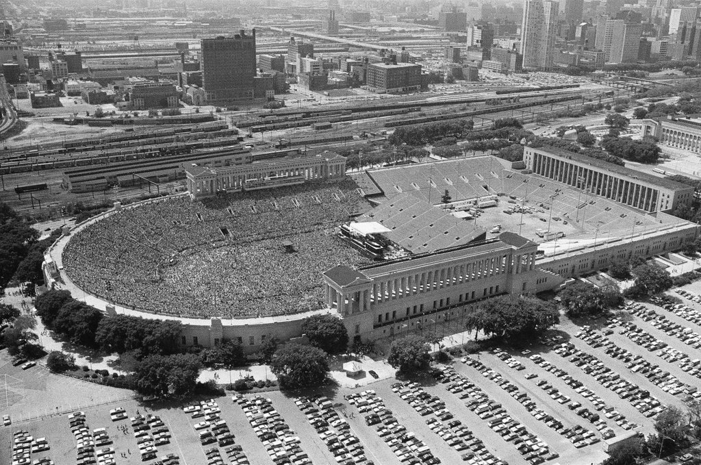 Aerial view of crowds at Soldier Field during 