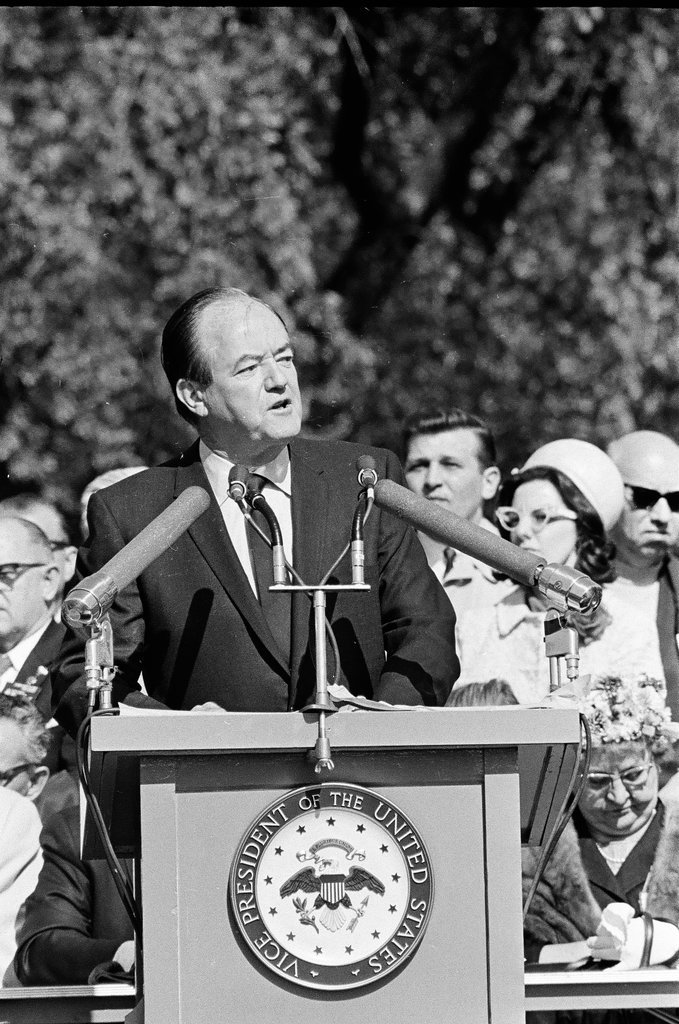 Vice President Hubert Humphrey speaking to a crowd in Humboldt Park for Polish Constitution Day festivities - Chicago Sun-Times