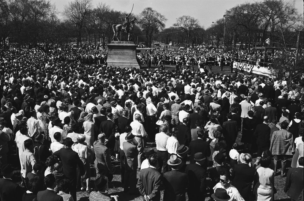 Hubert Humphrey speaks at Polish Constitution Day festivities near Kosciuszko statue in Humboldt Park - Chicago Sun-Times