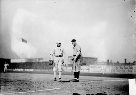 Baseball player, Frank Chance, Chicago Cubs, on first base, South Side Park - Chicago Daily News, Inc.