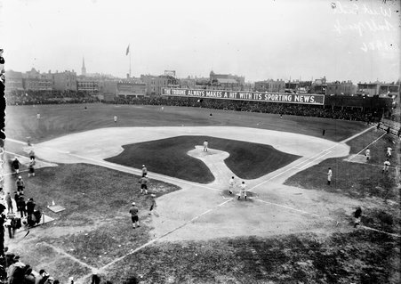 Chicago Cubs baseball field at West Side Grounds, taken from above home plate, slightly to the left - Chicago Daily News, Inc.