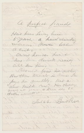 Text on reverse of letter of recommendation to Chicago Relief Aid:  A perfect fraud) - Unknown