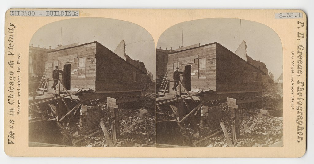 View of W. D. Kerfoot building after the Fire of 1871. - Greene, P. B.