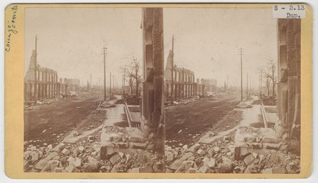 Among the Ruins in Chicago, no. 17. View from the Court House steps, looking south down Clark St. View of ruins after Fire of 1871. - Barnard, George N., 1819-1902