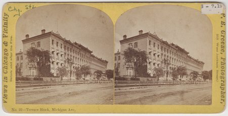 Front: Views in Chicago & Vicinity Before and after the Fire, no. 32, Terrace Block, Michigan Ave. View before the Fire of 1871. - Greene, P. B.