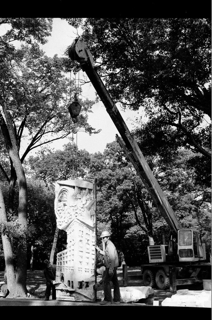 A sculptured wall originally from the Sherman House Hotel is re-erected at Rosary College - Chicago Sun-Times