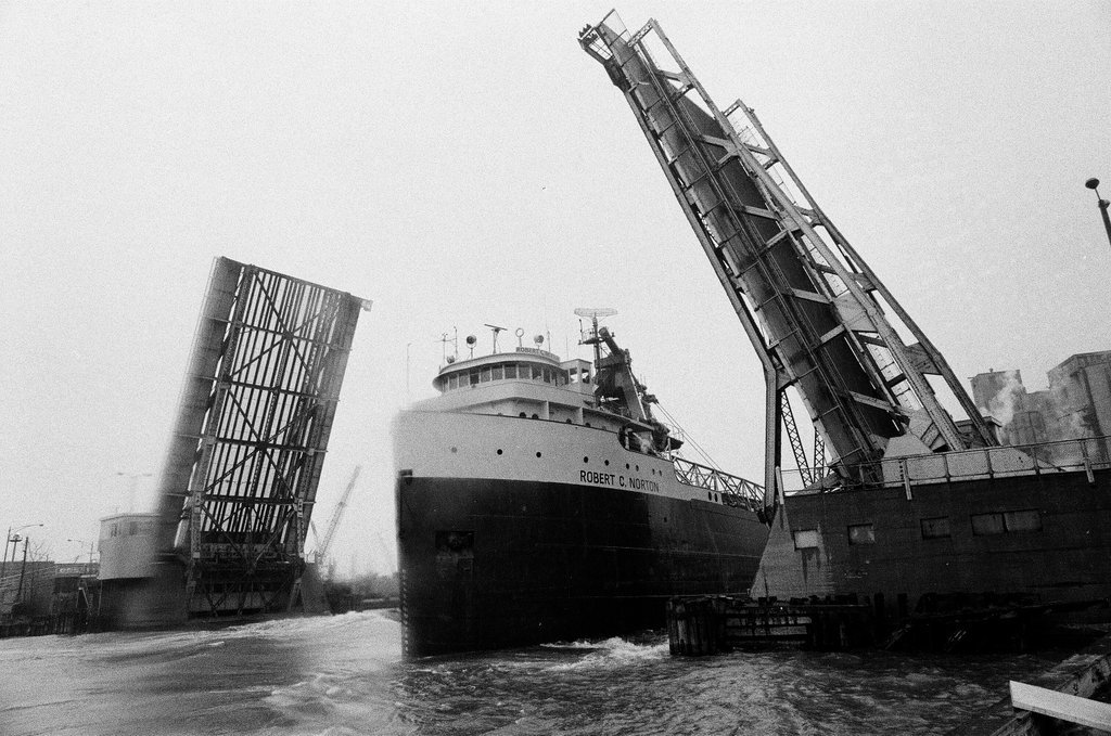 Bridge over Calumet River hit by freighter - Fred Stein for Chicago Daily News