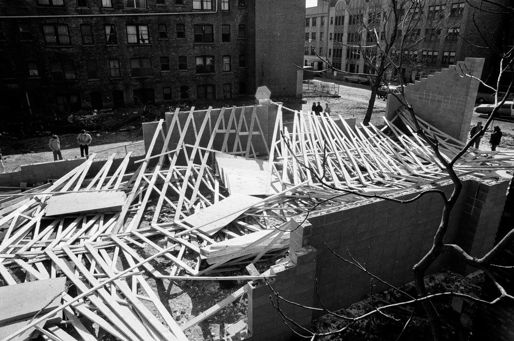 Collapsed roof beams at church construction site - Chicago Sun-Times