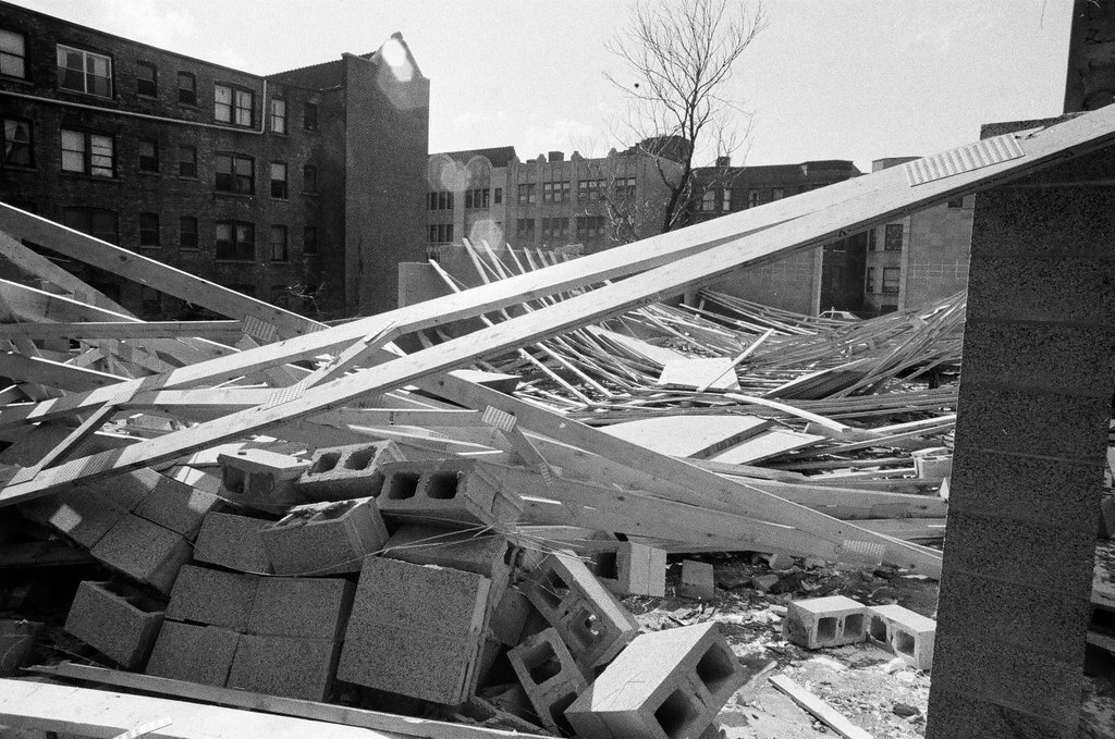 Collapsed roof beams at church construction site - Chicago Sun-Times