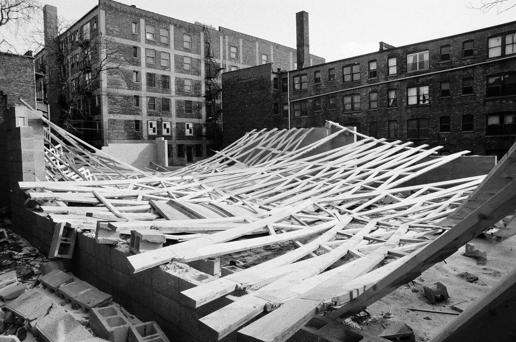 Collapsed roof beams at church construction site - Chicago Sun-Times