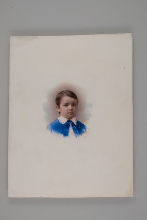 Portrait of William Butler Ogden, Jr. Miniature on white porcelain. - Fassett, Cornelia Adele (Strong), 1831-1898