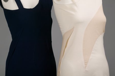 Evening dress, 1934, with reproduction showing contruction method (detail view of bust). Silk bouclé crepe.  Charles James, U.S.A.  Worn by Mrs. Walter S. Carr  nèe Mary Conway Adams. - James, Charles, 1906-1978