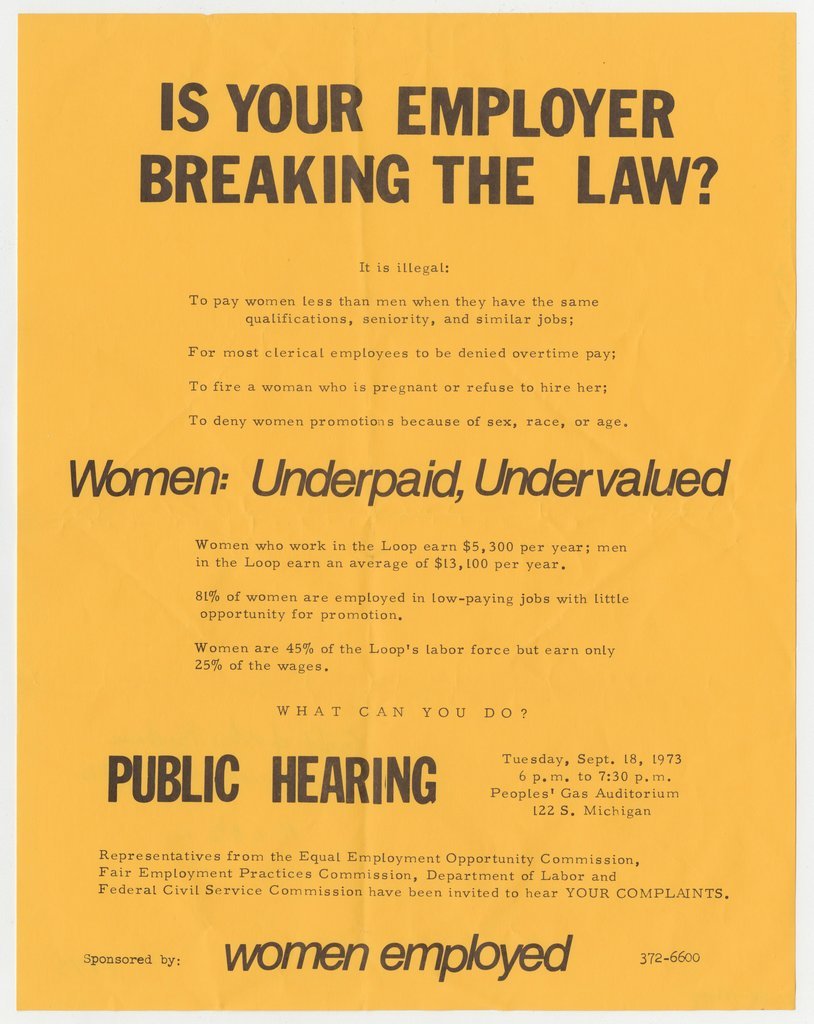 Flyer advertising a public hearing at Peoples' Gas Auditorium regarding women's pay and rights in the workplace - Women Employed