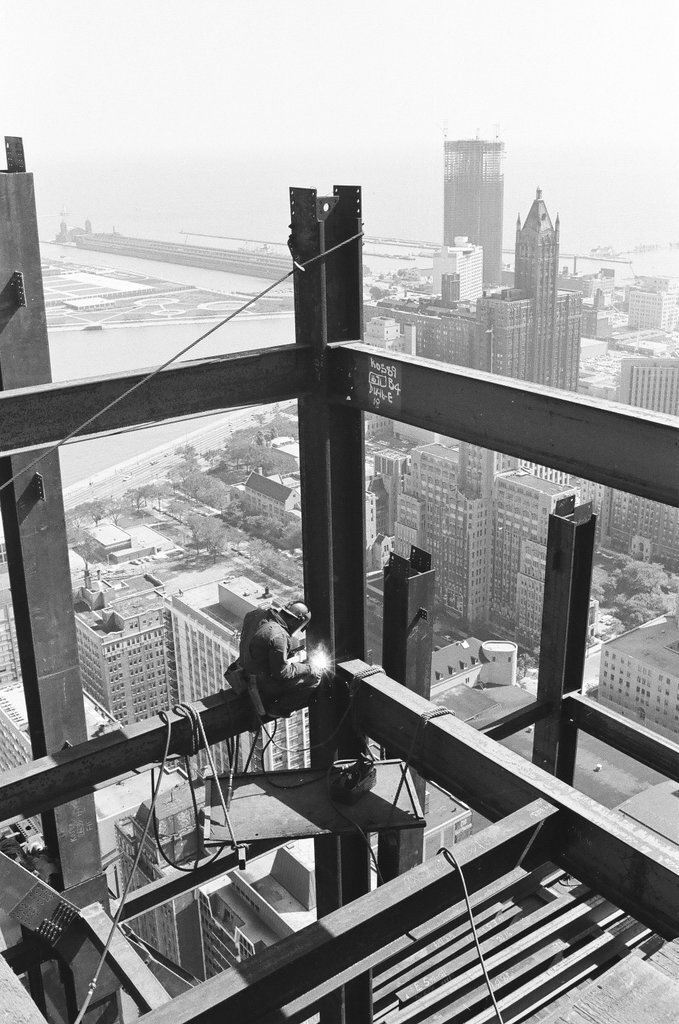 Views of construction workers on unfinished John Hancock Center - Ralph Arvidson for Chicago Sun-Times