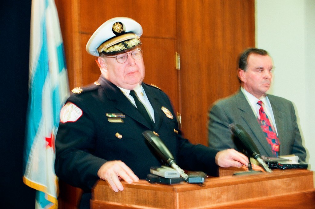 Mayor Daley and the Chicago Firefighters Union president speak at a press conference - Chicago Sun-Times