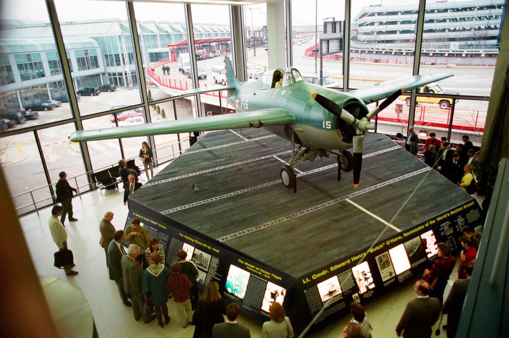 An exhibit commemorating Lieutenant Commander Edward Henry 'Butch' O'Hare is unveiled at O'Hare airport - Chicago Sun-Times