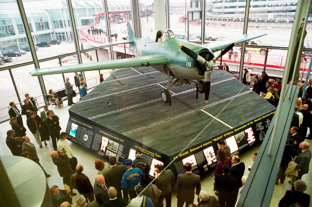 An exhibit commemorating Lieutenant Commander Edward Henry 'Butch' O'Hare is unveiled at O'Hare airport - Chicago Sun-Times