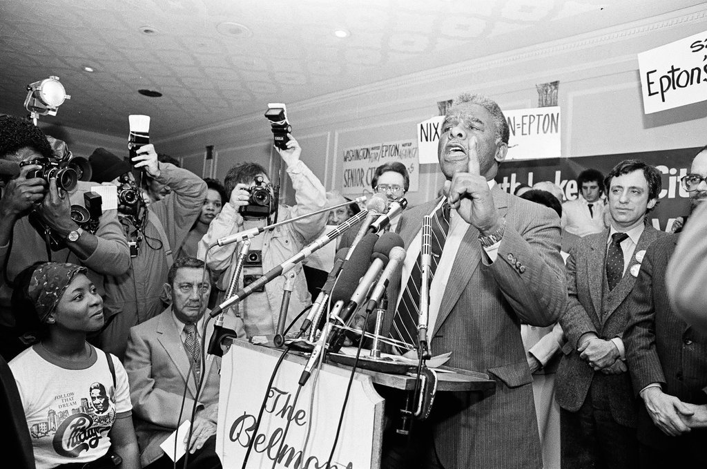 Harold Washington campaigns at the Belmont Hotel and Hillman's Food Store - Pete Souza for Chicago Sun-Times