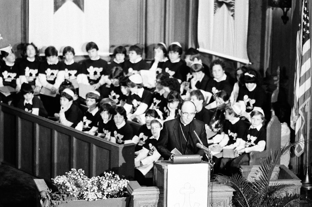 Joseph Cardinal Bernardin speaks at a Holocaust remembrance service - John H. White for Chicago Sun-Times