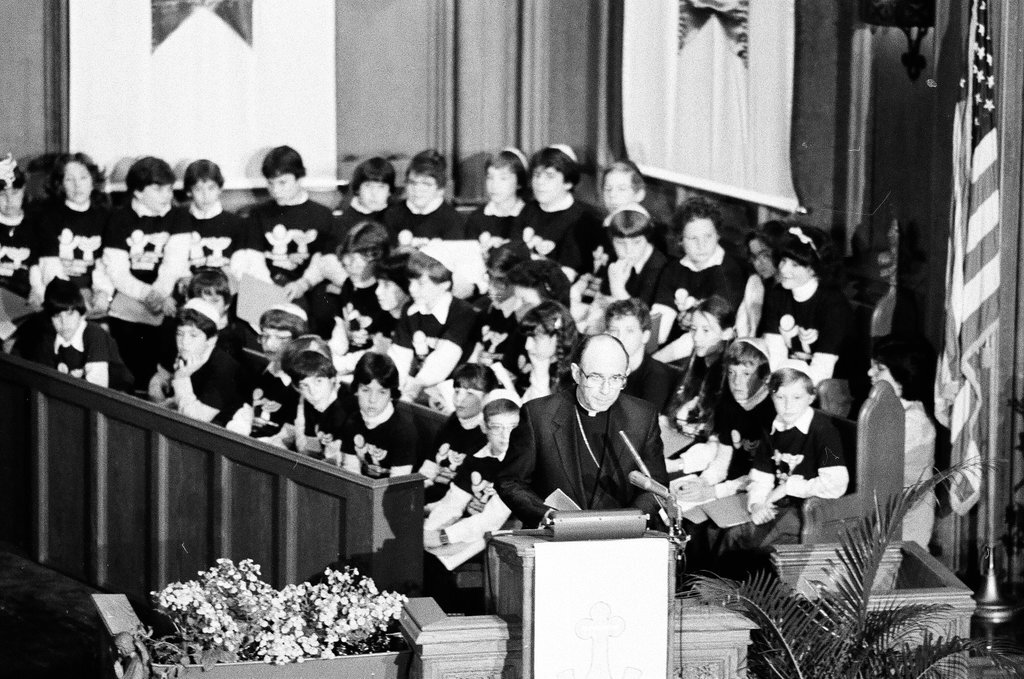 Joseph Cardinal Bernardin speaks at a Holocaust remembrance service - John H. White for Chicago Sun-Times