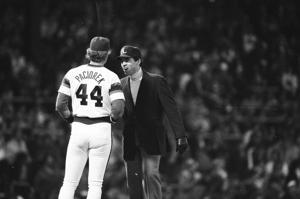 Mayor Harold Washington throws the opening pitch for a baseball game of the Cubs against the White Sox - Chicago Sun-Times