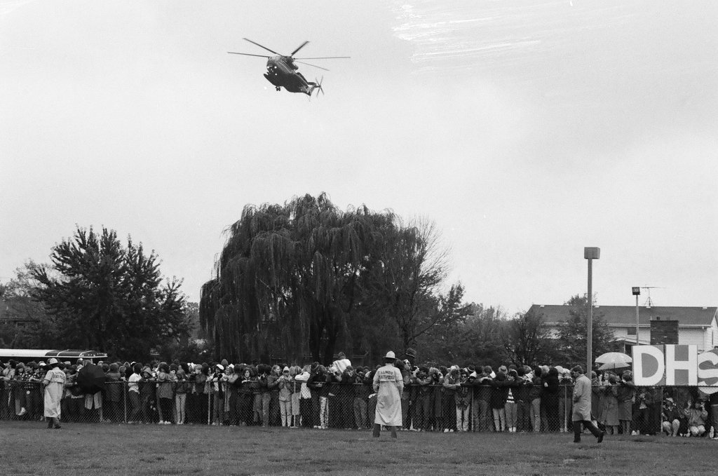 President Ronald Reagan arrives via helicopter at Deerfield High School - Chicago Sun-Times