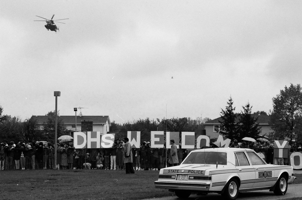 President Ronald Reagan arrives via helicopter at Deerfield High School - Chicago Sun-Times