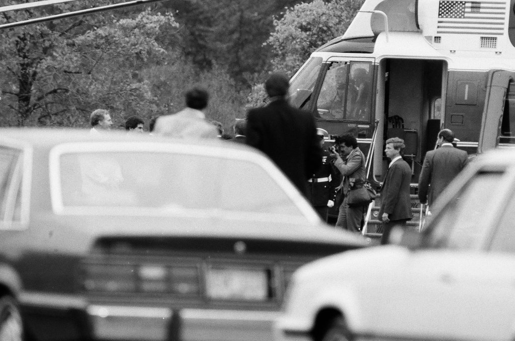 President Ronald Reagan arrives via helicopter at Deerfield High School - Chicago Sun-Times