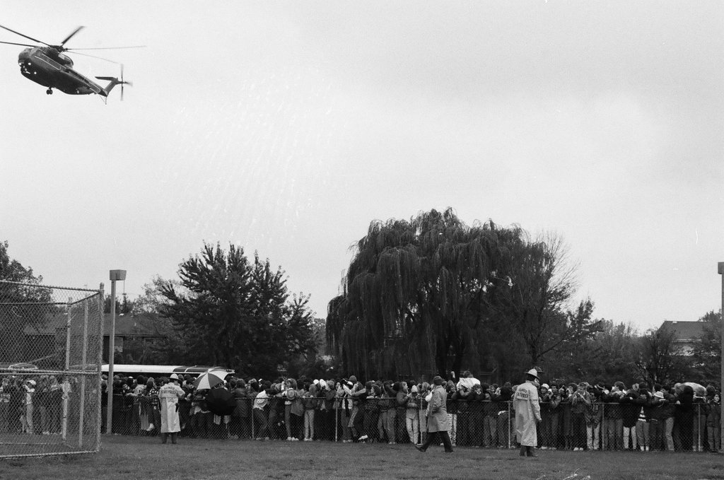 President Ronald Reagan arrives via helicopter at Deerfield High School - Chicago Sun-Times