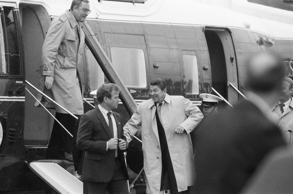 President Ronald Reagan arrives via helicopter at Deerfield High School - Chicago Sun-Times