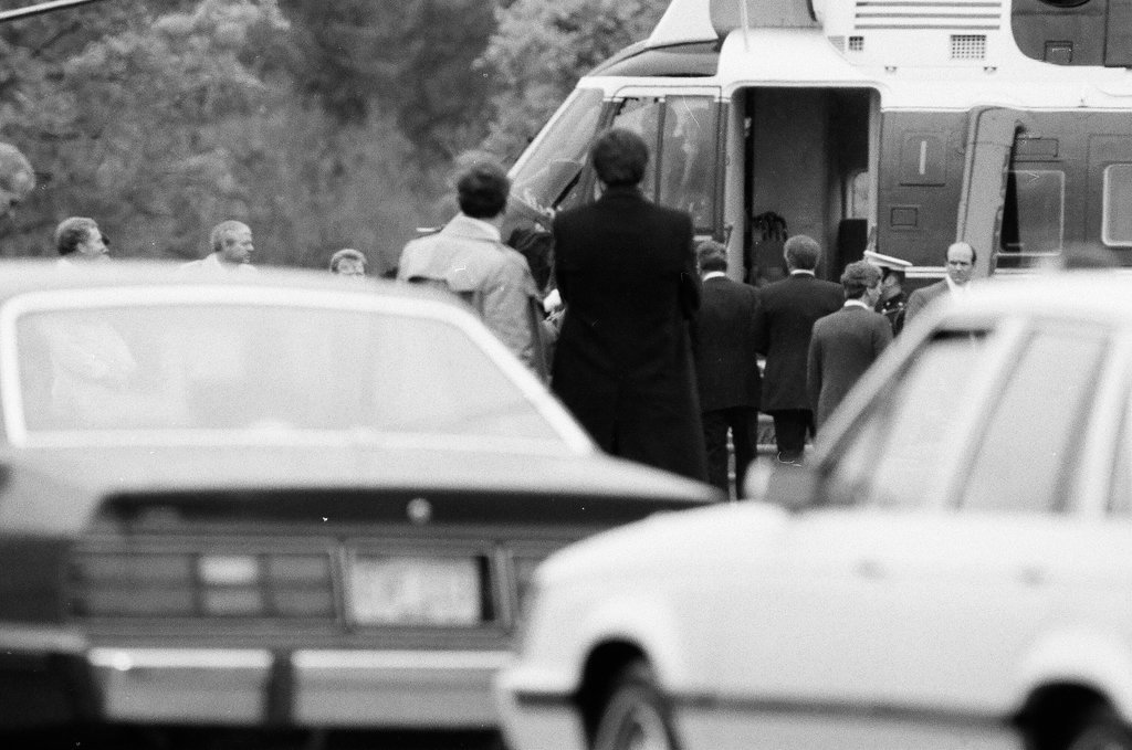 President Ronald Reagan arrives via helicopter at Deerfield High School - Chicago Sun-Times