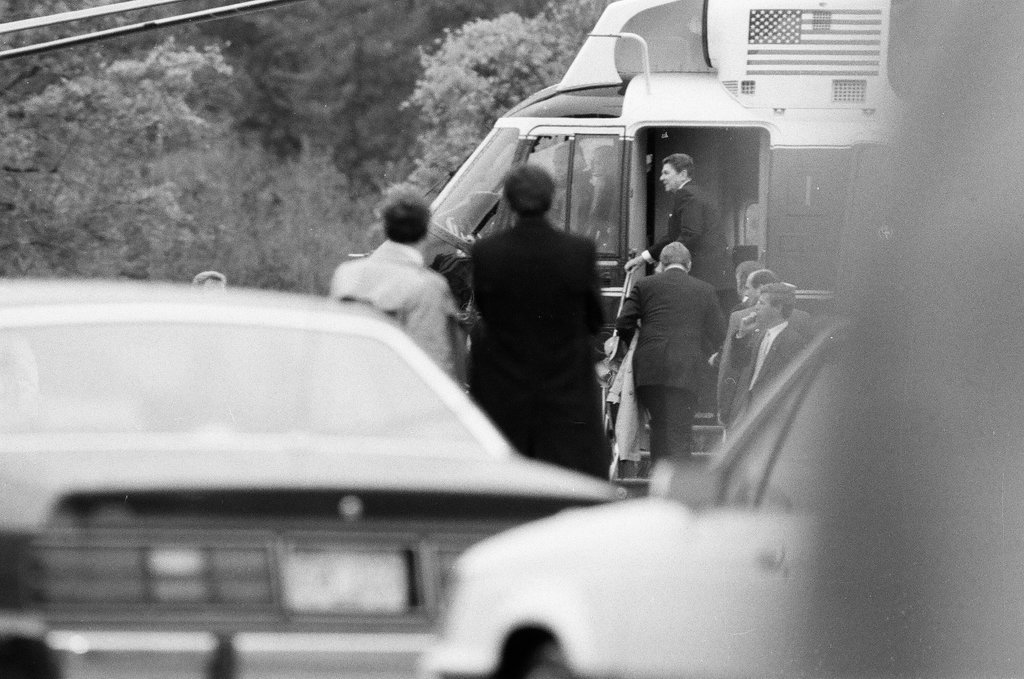 President Ronald Reagan arrives via helicopter at Deerfield High School - Chicago Sun-Times