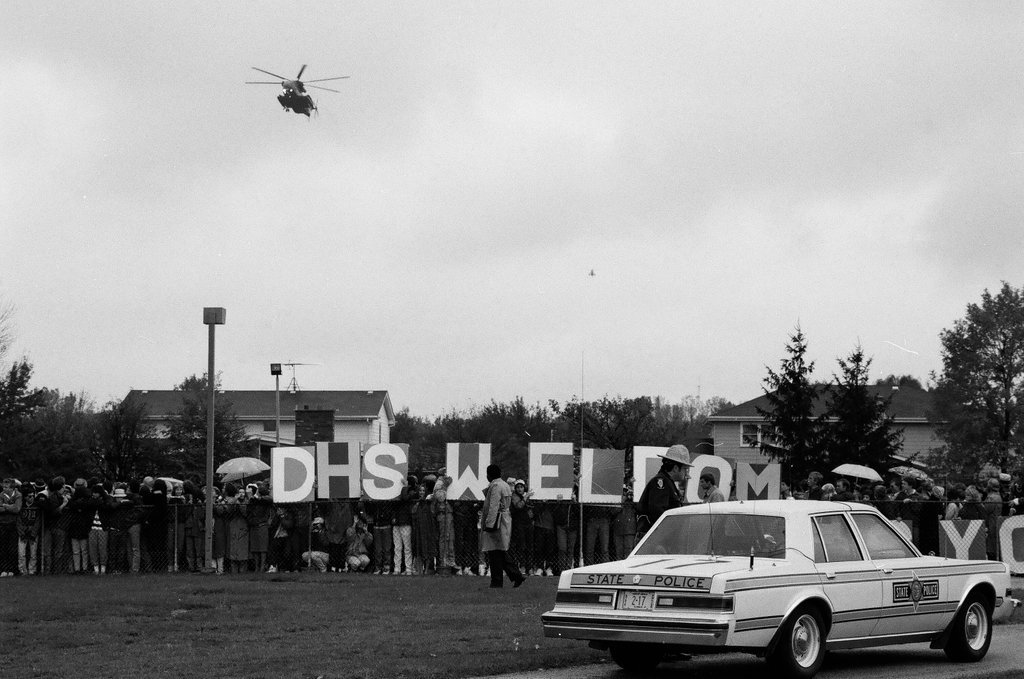 President Ronald Reagan arrives via helicopter at Deerfield High School - Chicago Sun-Times
