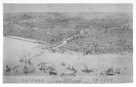 Bird's eye view of Chicago from the lake.  Chicago in 1868 from Schiller Street North Side to 12th Street South Side. - Kaufmann & Fabry Co.