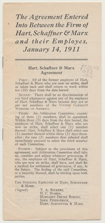 Cover of a pamphlet regarding an agreement between 1910 garment strikers and Hart, Schaffner and Marx. Title: The Agreement Entered into Between the Firm of Hart, Schaffner and Marx and their Employees, January 14, 1911. - Hart, Schaffner and Marx