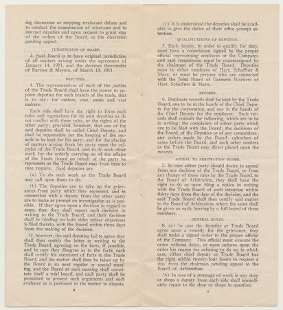 Pages 8-9 of a pamphlet regarding an agreement between 1910 garment strikers and Hart, Schaffner and Marx. Title: The Agreement Entered into Between the Firm of Hart, Schaffner and Marx and their Employees, January 14, 1911. - Hart, Schaffner and Marx