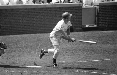 Chicago Cubs player Ron Santo batting at Wrigley Field during a game against the New York Mets. Santo is lowering the bat as he starts to run to First Base. Frame #29 on strip. - Gary Settle for Chicago Sun-Times