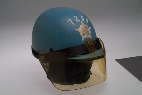 Chicago Police Department riot helmet worn by Max O. Ziegler during the 1968 Democratic National Convention - International Latex Corporation
