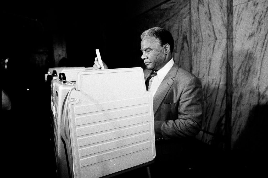 Mayor Harold Washington votes in the 1st Congressional primary - James (Jim) Klepitsch for Chicago Sun-Times